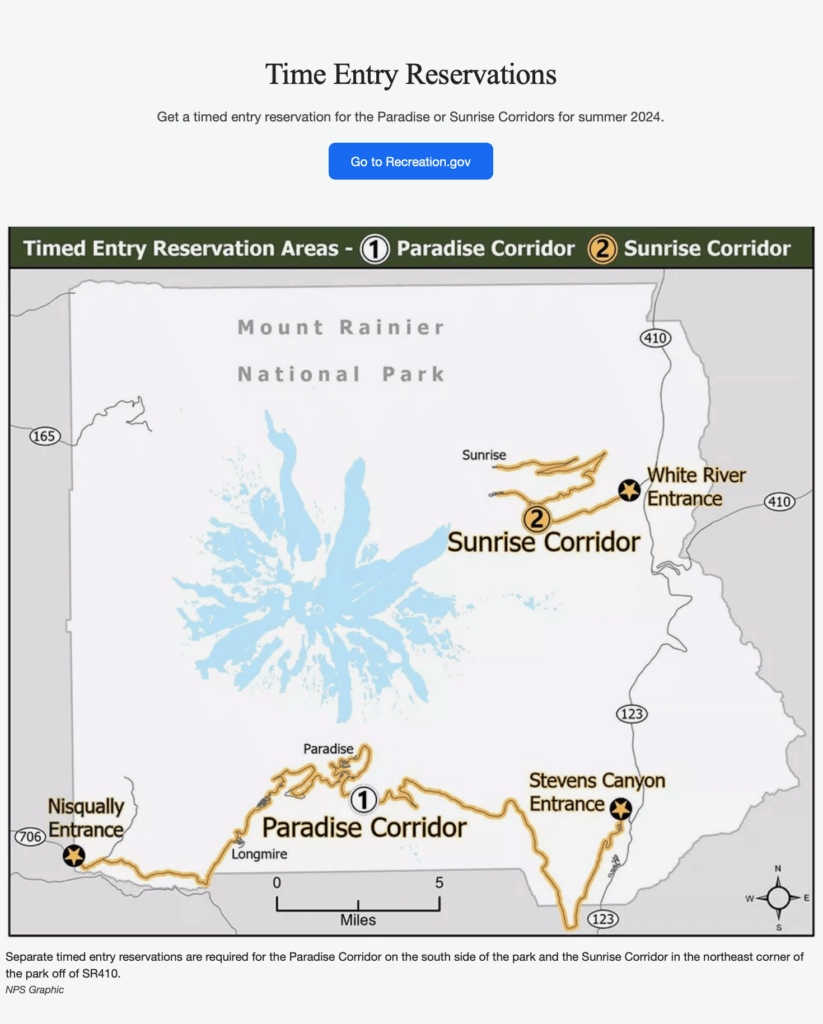 A National Park Service map showing the two corridors in Mount Rainier National Park that require time entry reservations. The Sunrise Corridor and the Paradise Corridor are marked in yellow compared to the muted tones of the map.